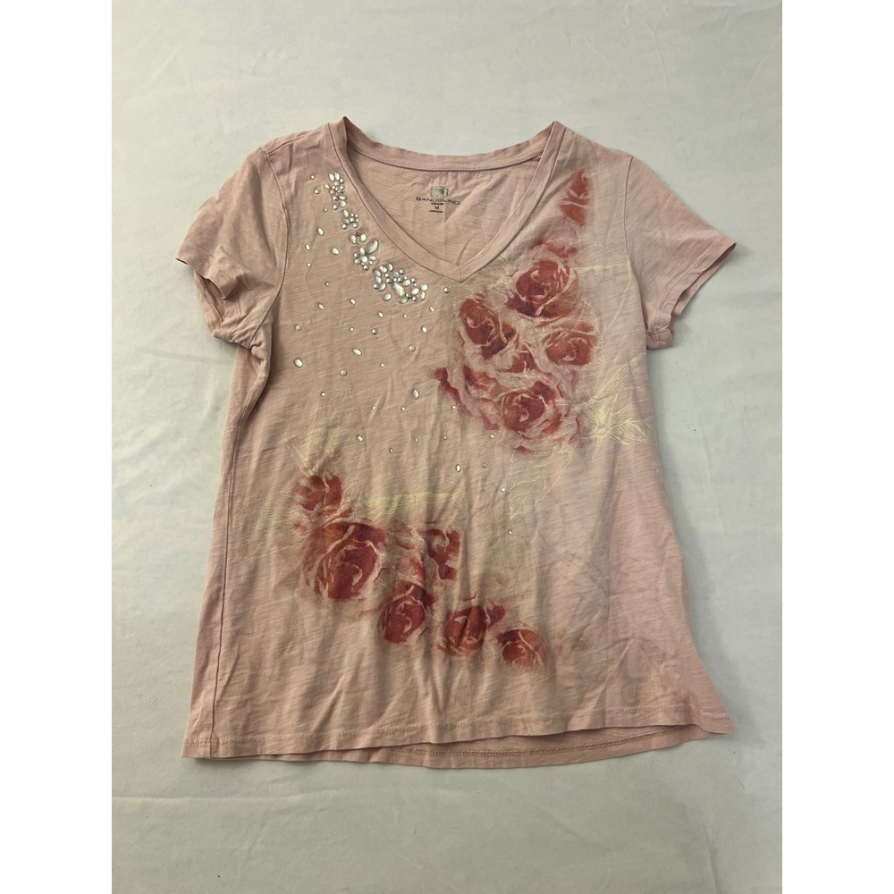 Bandolino Denim Womens Pink Floral Rose Rhinestone V-Neck Cotton T-Shirt Size M